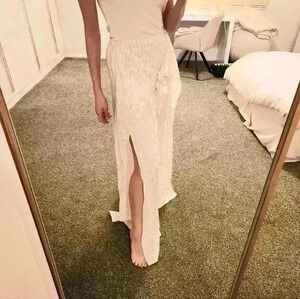 Lilyful Thin Pinstripe Wide Leg Trousers White Grey Beige Side Slit Tie Front
